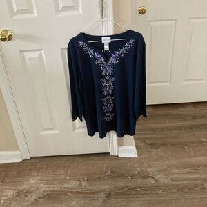 Alfred Dunner Dark Blue Top with Lavender Floral Embroidery